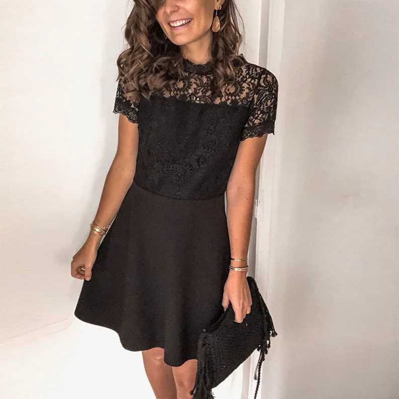 Hot Solid Color Black Lace Sexy Hollow Out Woman Short Sleeve Vestidos de Noche con Encaje Lace Casual Dresses Mini Dress
Hot Solid Color Black Lace Sexy Hollow Out Woman Short Sleeve Vestidos de Noche con Encaje Lace Casual Dresses Mini Dress