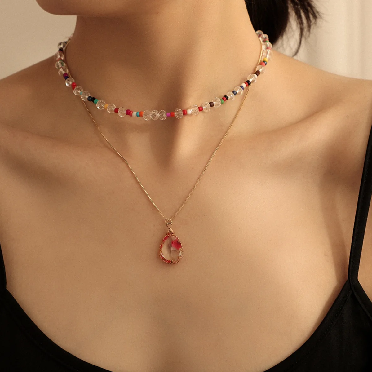 Fashion Personality Custom Acrylic Resin Necklace Double-layer Water Drop Dried Flower Resin Pendant Bead Necklace Jewelry, Gold 
Fashion Personality Custom Acrylic Resin Necklace Double-layer Water Drop Dried Flower Resin Pendant Bead Necklace Jewelry, Gold