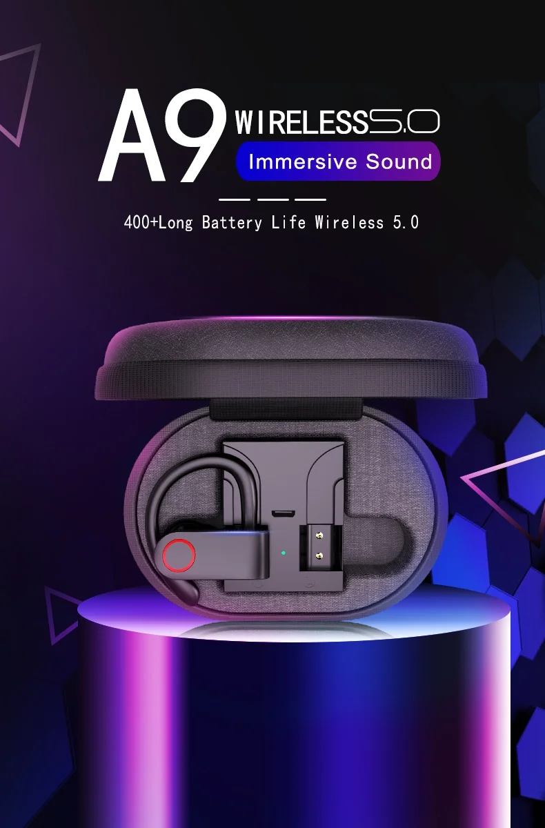 2020 new trending Amazon top seller A9 Noise Cancelling Bluetooth 5.0 TWS Ear Hook Earphones A9 with power bank for iphone X - ANKUX.COM