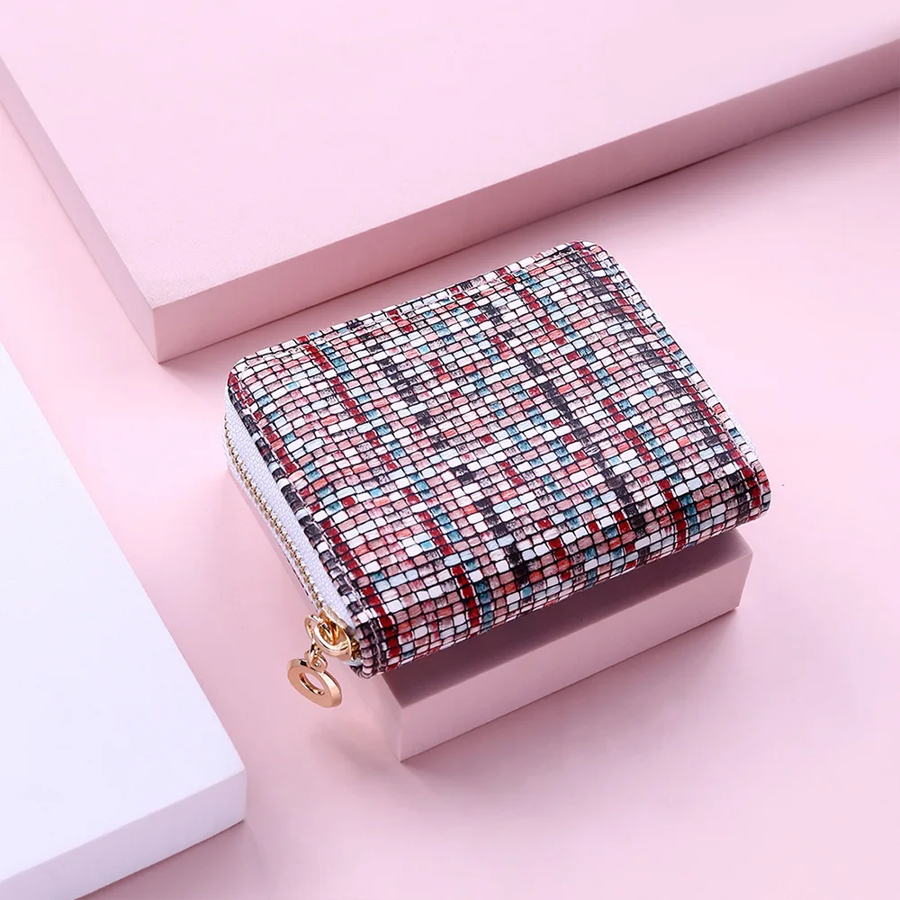 Women's Fashion Color Plaid Mini Short Zipper Wallet Card Case, Red 
Women's Fashion Color Plaid Mini Short Zipper Wallet Card Case, Red