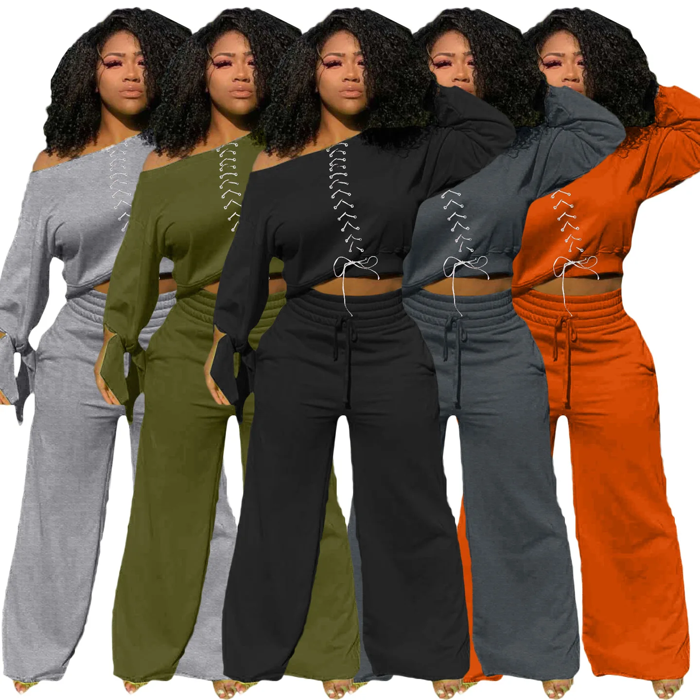 Hot selling 2020 leisure outfits pure color slash neck loose wide legging set woman two piece fall sets 
Hot selling 2020 leisure outfits pure color slash neck loose wide legging set woman two piece fall sets