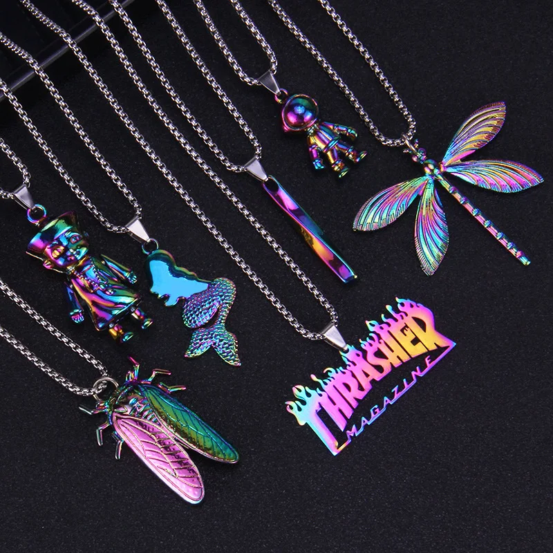 European and American Street Hip Hop Quenching Necklace Mermaid Spiral Astronaut Dragonfly Trend Multicolor Pendents, Multi colors
European and American Street Hip Hop Quenching Necklace Mermaid Spiral Astronaut Dragonfly Trend Multicolor Pendents, Multi colors