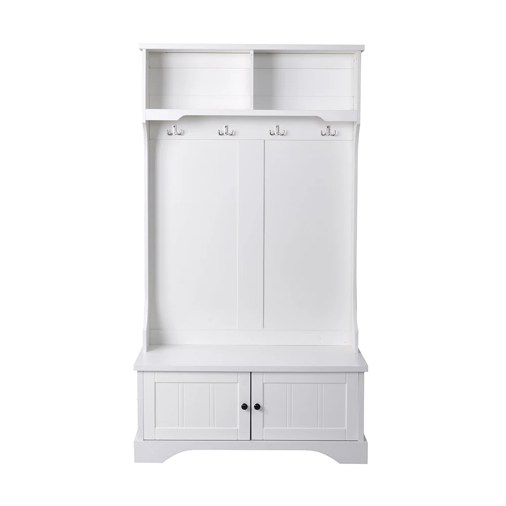 Three-in-one Design Hall Tree-shaped Entrance Bench With Shelf Cabinets And Four Hooks, White
Three-in-one Design Hall Tree-shaped Entrance Bench With Shelf Cabinets And Four Hooks, White