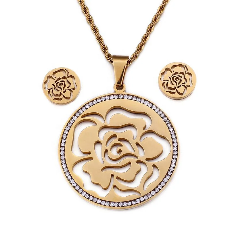 Wholesale High Quality Fashion Simple Jewelry 316L Stainless Steel Rose Shape Diamond Necklaces And Earrings Jewelry Sets, Gold,sliver
Wholesale High Quality Fashion Simple Jewelry 316L Stainless Steel Rose Shape Diamond Necklaces And Earrings Jewelry Sets, Gold,sliver