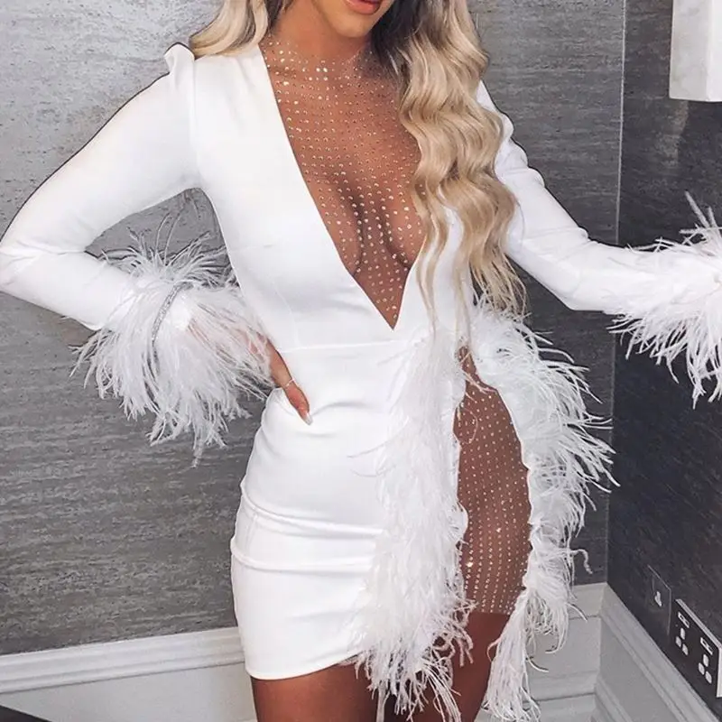 

Mesh Inserted Embellished diamonds rhinestones with feather mini Dress Women Sexy Slim Fit Bodycon Evening Party Dresses