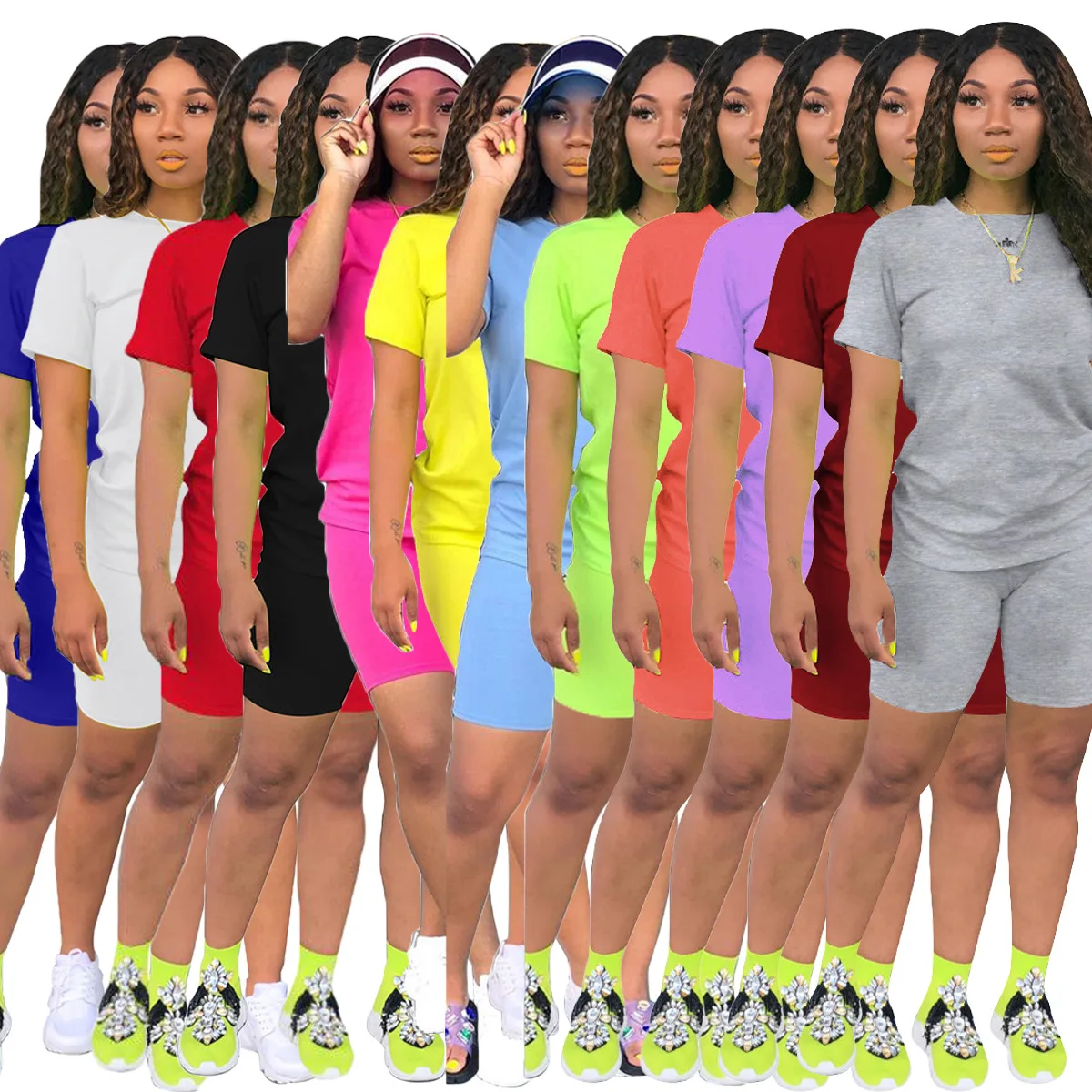 Hot Selling In USA Pure Color t-Shirt Shorts Casual Suit Woman Two Piece Set Clothes, White, yellow, red, purple, gray, black
Hot Selling In USA Pure Color t-Shirt Shorts Casual Suit Woman Two Piece Set Clothes, White, yellow, red, purple, gray, black