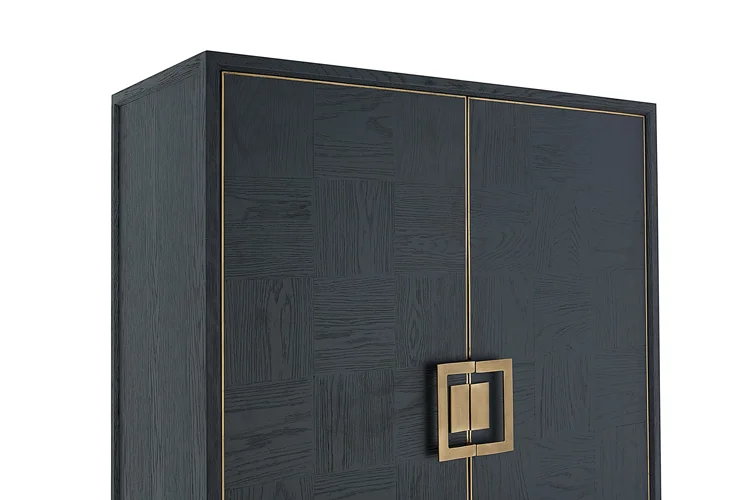 Gold handle parquet door vintage black tall solid oak wood cabinet