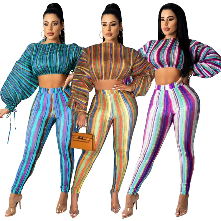 Hot Sale 2021 Woman Casual Stripe printed Long Sleeve Two Piece Pants Crop Top Wear Sports Set For Women Clothing
Hot Sale 2021 Woman Casual Stripe printed Long Sleeve Two Piece Pants Crop Top Wear Sports Set For Women Clothing
