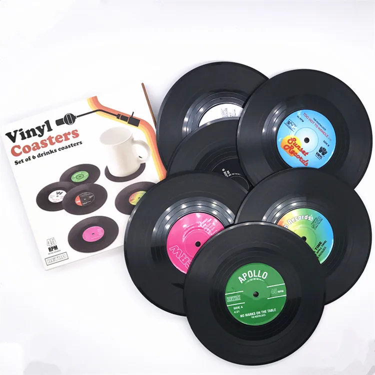 

Customize Novelty 6 Pieces Vinyl Disk Coasters Record Coasters for Drinks Protection of the Desktop to Prevent Damage