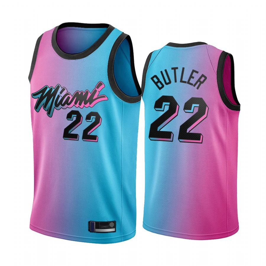 

Miami City Heat Custom Logo Basketball Uniforms City Edition jersey Blue Pink 13 Adebayo 14 Tyler Herro 22 Jimmy Butler 3 Wade, Black, white, blue