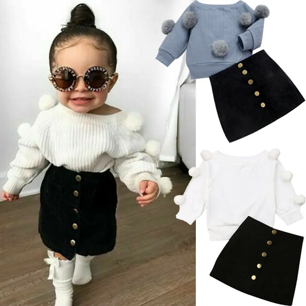 1-6Y sonbahar Toddler bebek çocuk kız giyim setleri uzun kollu Hairball örgü kazak Tops + düğme Mini etek sıcak kıyafetler setleri