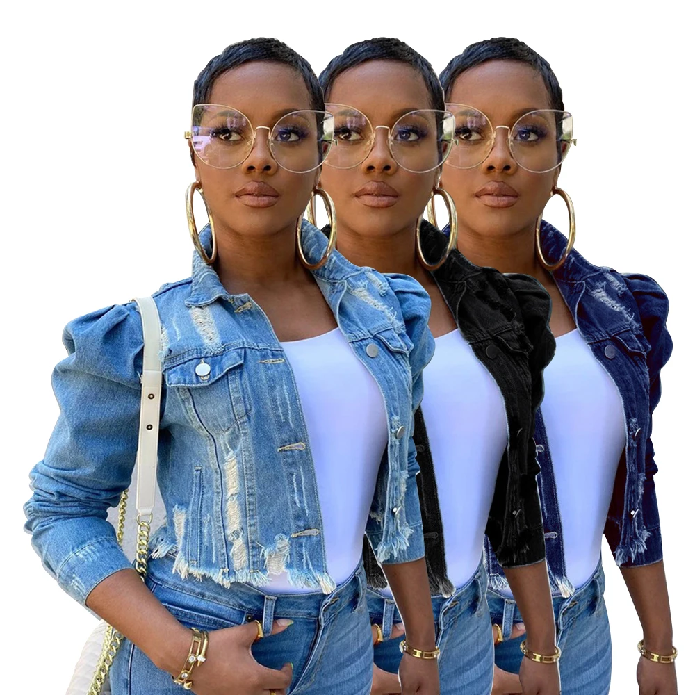 Designer Puff Sleeve Vintage Washed Blue Jeans Frayed Crop Distressed Denim Jackets for Women
Designer Puff Sleeve Vintage Washed Blue Jeans Frayed Crop Distressed Denim Jackets for Women