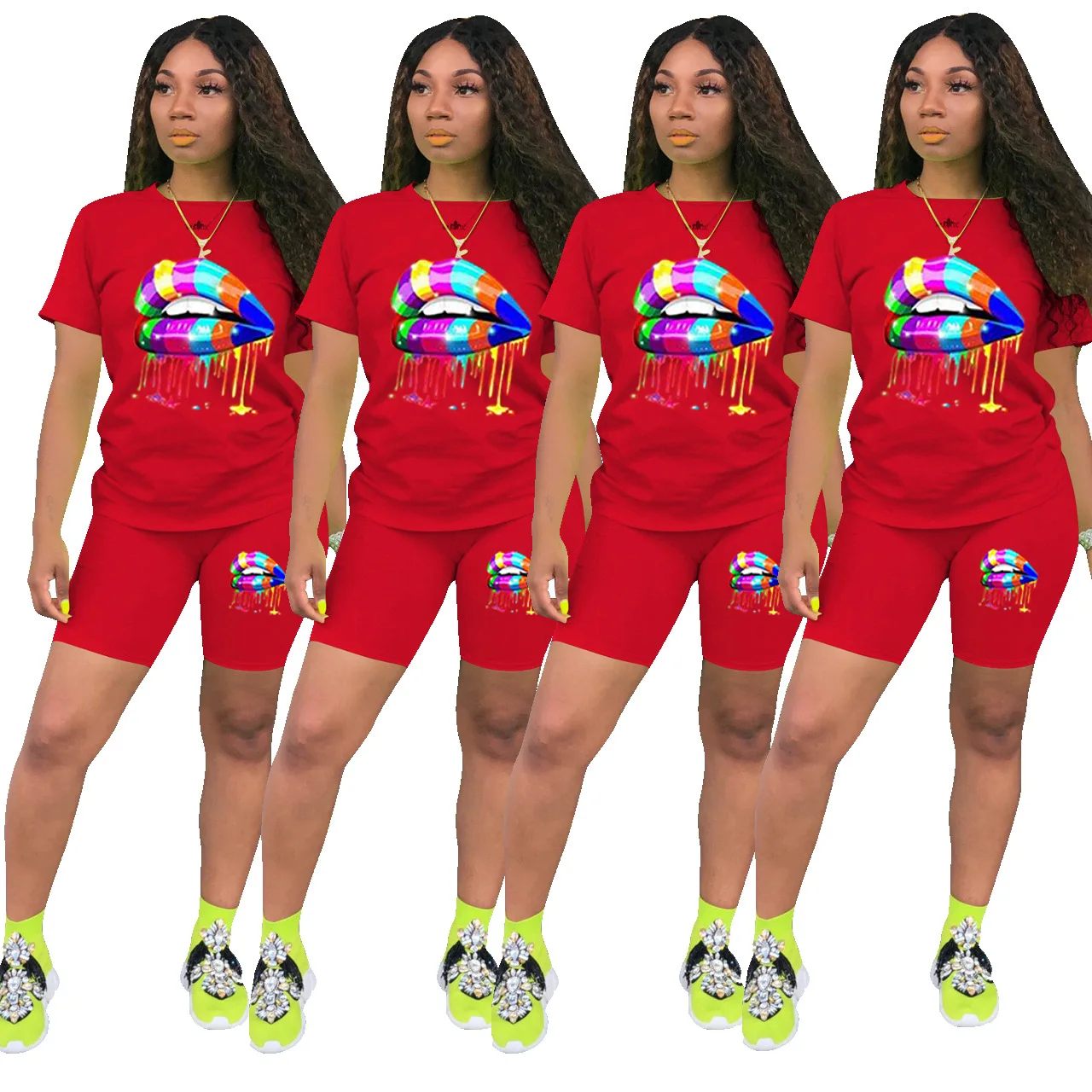 Fashion Summer Leisure Sports Colorful Mouth Print Short Sleeve Shorts Plus Size Women Two-piece Clothing Set
Fashion Summer Leisure Sports Colorful Mouth Print Short Sleeve Shorts Plus Size Women Two-piece Clothing Set
