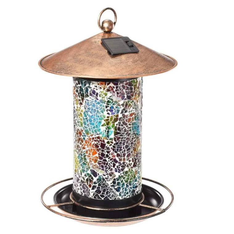 

Wholesale hot sale metal and Mosaic glass Garden squirrel proof solar-powered Outdoor Light Bird Feeder