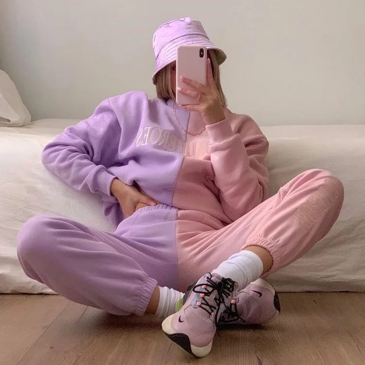 Daily Clothes Fresh Contrast Color Letters Embroidery Casual Splicing Sweatshirt Sweatpants Women's Set, Picture color
Daily Clothes Fresh Contrast Color Letters Embroidery Casual Splicing Sweatshirt Sweatpants Women's Set, Picture color