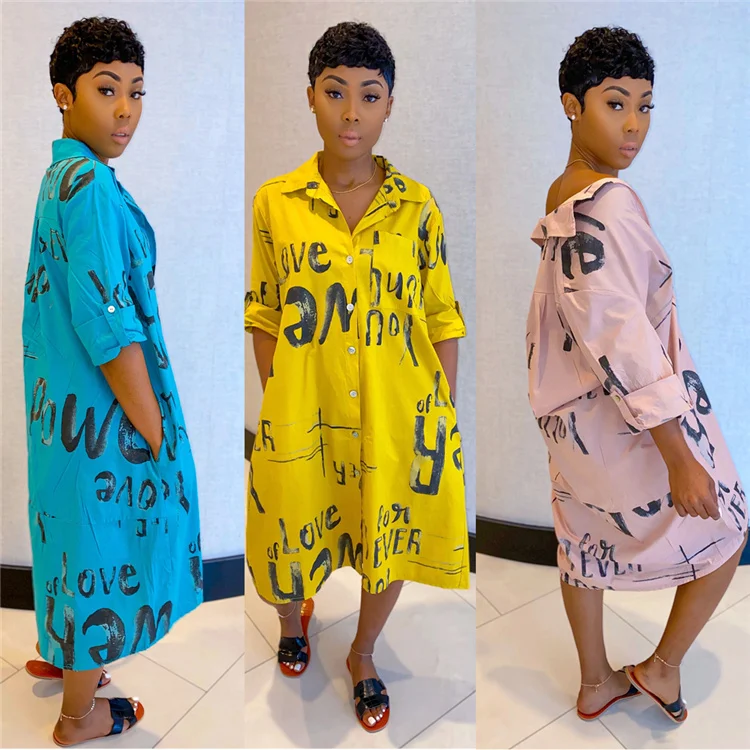 Solid Custom Letter Printed Turn Down Collar Shirt Dresses Women Casual Summer T Shirt Dress Women, Customized color
Solid Custom Letter Printed Turn Down Collar Shirt Dresses Women Casual Summer T Shirt Dress Women, Customized color