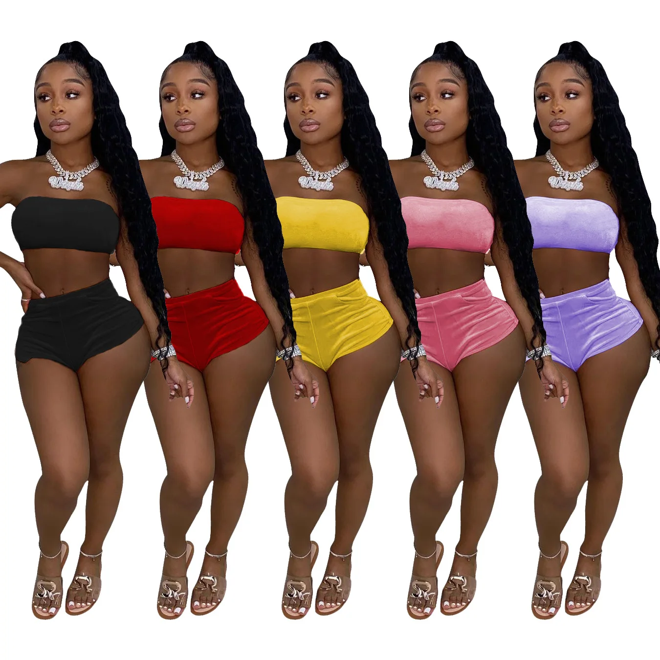 F21776A hot sale European and American women's fashion sexy pure color TUBE-TOPS shorts suit, Black -1, red -2, yellow -3, pink -4, purple -5
F21776A hot sale European and American women's fashion sexy pure color TUBE-TOPS shorts suit, Black -1, red -2, yellow -3, pink -4, purple -5