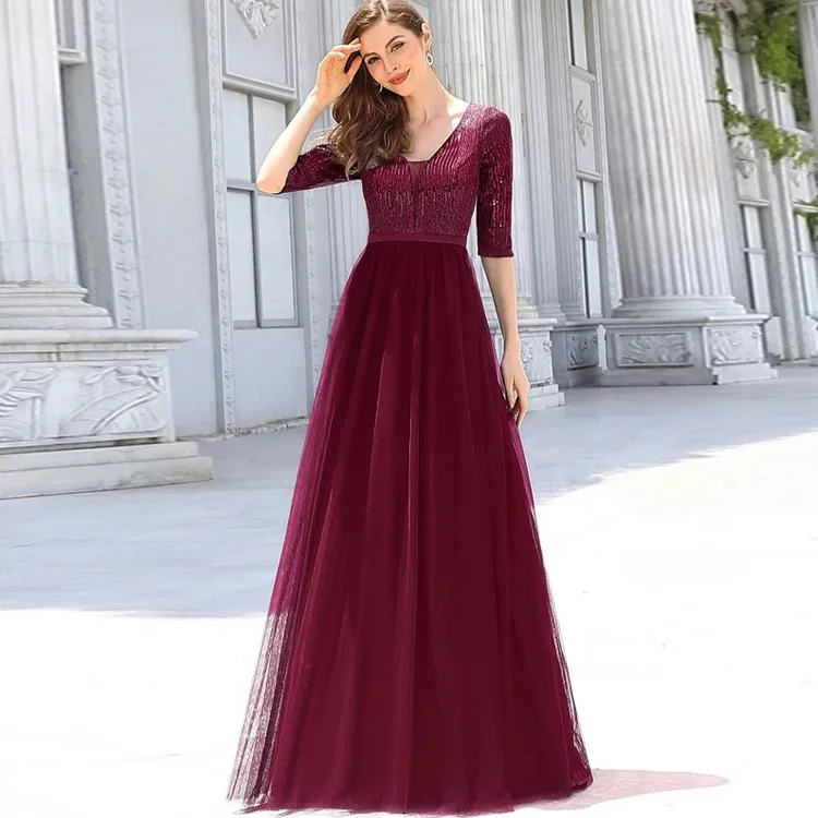 A Line V Neck Sweep Long Floor Length Evening Dress Tulle Sequins Evening Party Dress, Burgundy/navy/custom support
A Line V Neck Sweep Long Floor Length Evening Dress Tulle Sequins Evening Party Dress, Burgundy/navy/custom support
