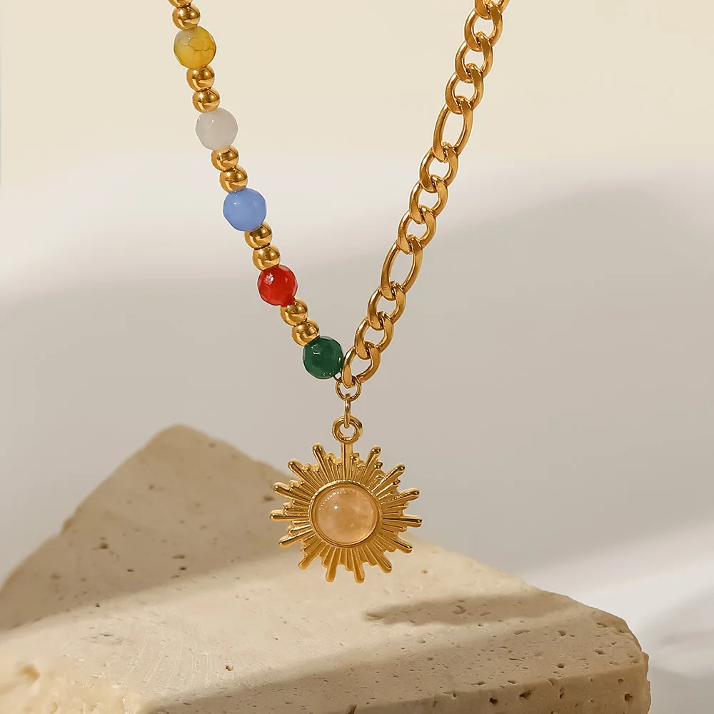 Ins Hot Sale Boho 18k Stainless Steel Gold Chain Natural Stone Color Stone Sun Pendant Necklace For Women
Ins Hot Sale Boho 18k Stainless Steel Gold Chain Natural Stone Color Stone Sun Pendant Necklace For Women