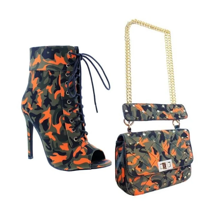 Lace up Open toe stiletto high heel shoe Camouflage ankle boots Chain One-shoulder portable purse set Women boot
Lace up Open toe stiletto high heel shoe Camouflage ankle boots Chain One-shoulder portable purse set Women boot