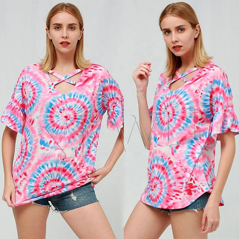 Spring/summer tie dye new women's trumpet short sleeve cross V-neck casual loose print clothing plus size T-shirt
Spring/summer tie dye new women's trumpet short sleeve cross V-neck casual loose print clothing plus size T-shirt