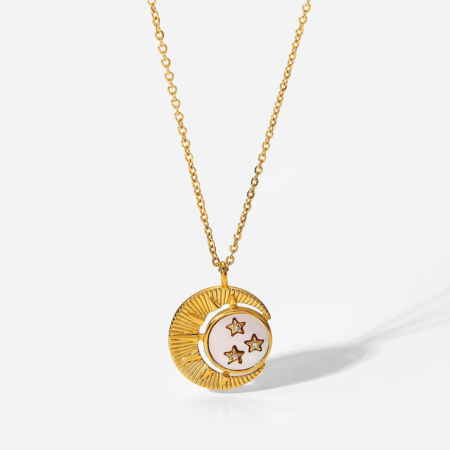 

White Shell Inlaid Star Moon Sun Chain Jewelry Stainless Steel 18K Pvd Gold Plated Pendant Necklace