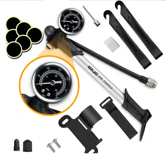 300 PSI Mini Bicycle Pump pressure gauge Portable Bike Repair Tool Kit Bag Tire Foldable Shock Pump with Lever
300 PSI Mini Bicycle Pump pressure gauge Portable Bike Repair Tool Kit Bag Tire Foldable Shock Pump with Lever