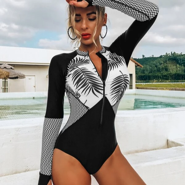 one piece long sleeve zipper Palm Leaf & Chevron Print surfing beachwear Swimsuit training dancewear gymnastic leotard for women
one piece long sleeve zipper Palm Leaf & Chevron Print surfing beachwear Swimsuit training dancewear gymnastic leotard for women