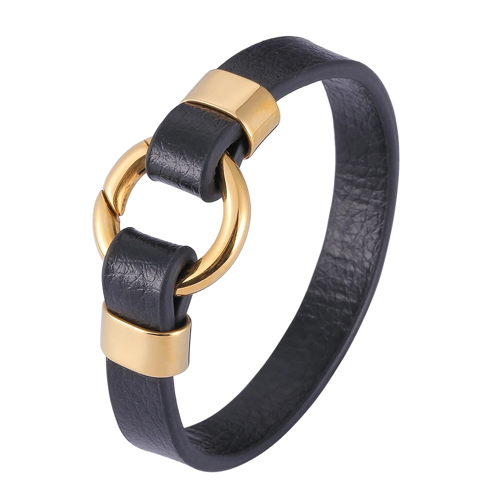 Simple Fashion Men Women Wrist Jewelry Black Leather Bracelet Golden Round Stainless Steel Buckle Bangle Christmas Gifts SP1179
Simple Fashion Men Women Wrist Jewelry Black Leather Bracelet Golden Round Stainless Steel Buckle Bangle Christmas Gifts SP1179