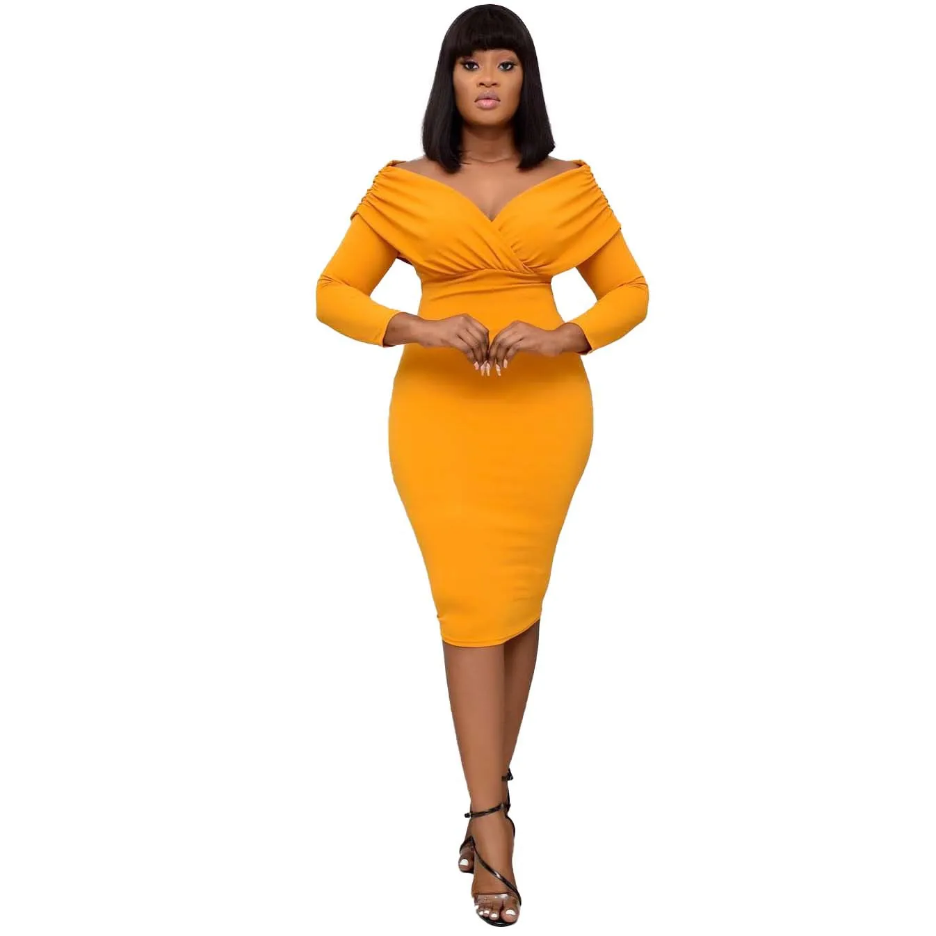 Fall solid color butt-wrap, off-the-shoulder, V-neck professional office African dress
Fall solid color butt-wrap, off-the-shoulder, V-neck professional office African dress