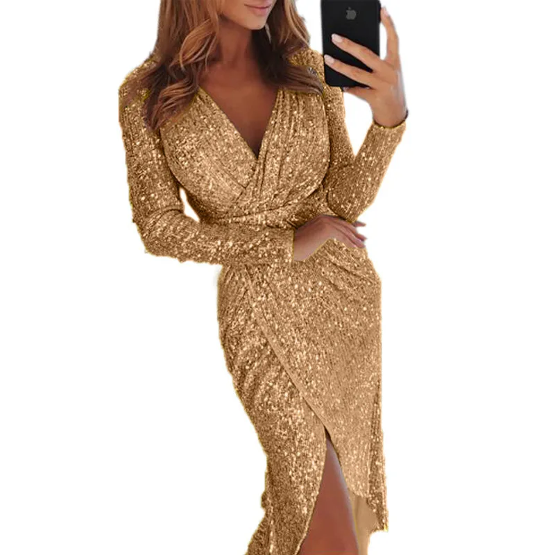 Women's Solid Color Long Sleeve V-neck Glittering Sexy High Waist Evening Dress, As show
Women's Solid Color Long Sleeve V-neck Glittering Sexy High Waist Evening Dress, As show