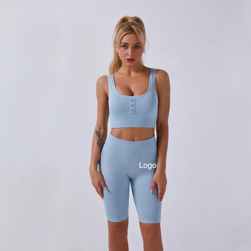 NO MOQ Hot Solid Color Button Fitness Bra High Waist Long Shorts Three Piece Yoga Suit, As picture
NO MOQ Hot Solid Color Button Fitness Bra High Waist Long Shorts Three Piece Yoga Suit, As picture