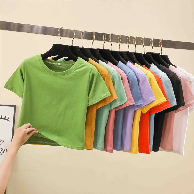 2021 New Wholesale Women t shirt Custom logo crew neck short sleeve plain crop top t shirt, Shown
2021 New Wholesale Women t shirt Custom logo crew neck short sleeve plain crop top t shirt, Shown