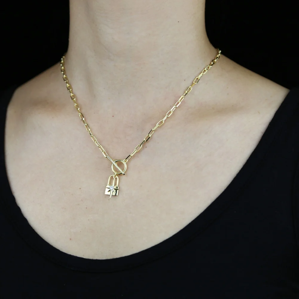 New Design Gold Color Plated Chain Cute Lock engraved Star Pendant Necklace For Women OT Buckle Toggle Choker Femme Jewelry, Black
New Design Gold Color Plated Chain Cute Lock engraved Star Pendant Necklace For Women OT Buckle Toggle Choker Femme Jewelry, Black