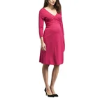 Elegant Maternity Nursing Clothes Long Sleeve V neck Pink Color Belted Pregnancy Dresses