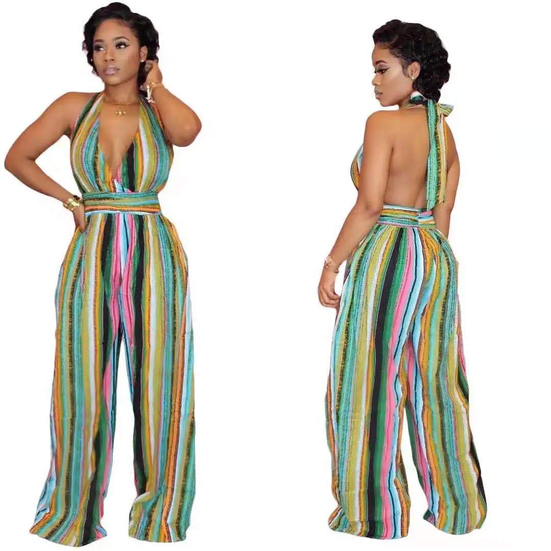 European and American women's 2021 colorful striped loose wide-leg halter-neck jumpsuit women
European and American women's 2021 colorful striped loose wide-leg halter-neck jumpsuit women
