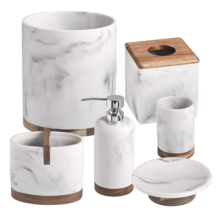 High-end Luxury 6 Piece Set OEM Customize Logo Waterproof Wooden Marble Bathroom Accessory Set, Natural
High-end Luxury 6 Piece Set OEM Customize Logo Waterproof Wooden Marble Bathroom Accessory Set, Natural