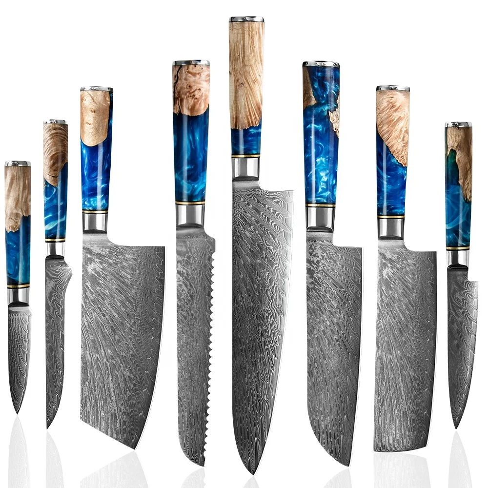 Luxury Blue Resin Handle Damascus Steel Knife Chef Cooking VG10 67Layers Carbon Steel Japanese Kitchen Knives Damascus Knife Set
Luxury Blue Resin Handle Damascus Steel Knife Chef Cooking VG10 67Layers Carbon Steel Japanese Kitchen Knives Damascus Knife Set