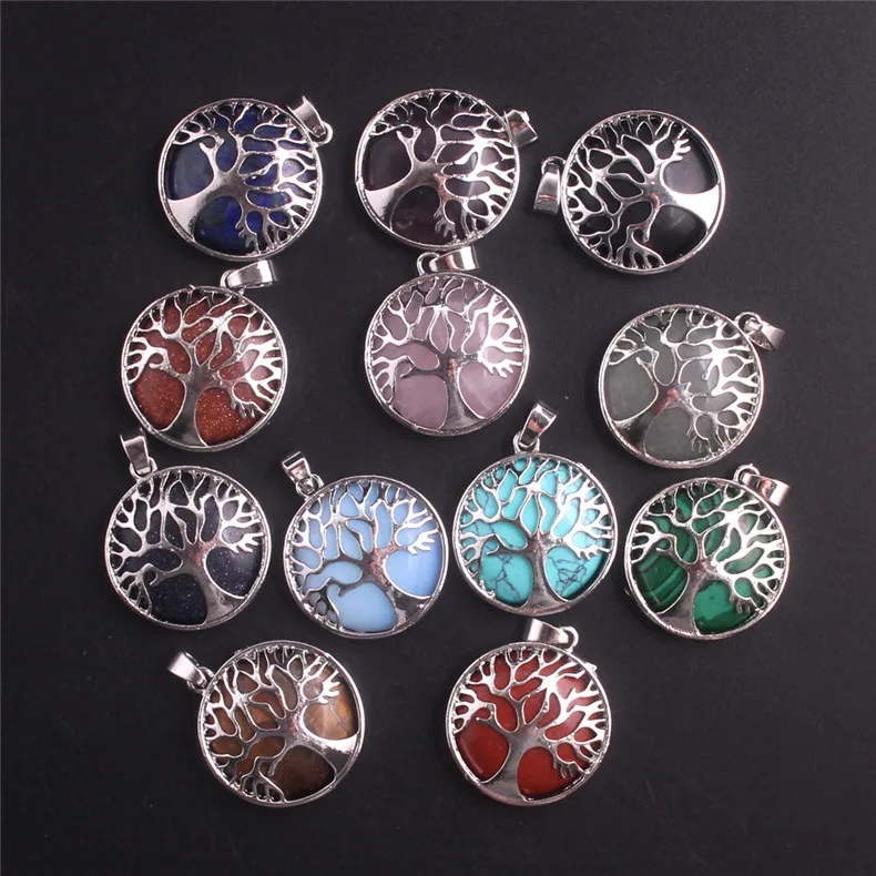 

Tree of life Assorted stone Turquoise Quartz Pink Crystal malachite Natural/Dyed Pendant DIY Necklace Jewelry making