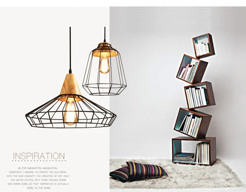 Artdecolite Industrial Loft Geometric Black Metal Cage Single Light Wood Art Pendant Light