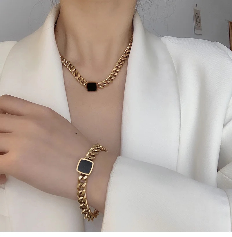 New Trendy Hiphop Black Pendant Necklace Bracelet Stainless Steel Chunky Jewelry Set For Women
New Trendy Hiphop Black Pendant Necklace Bracelet Stainless Steel Chunky Jewelry Set For Women