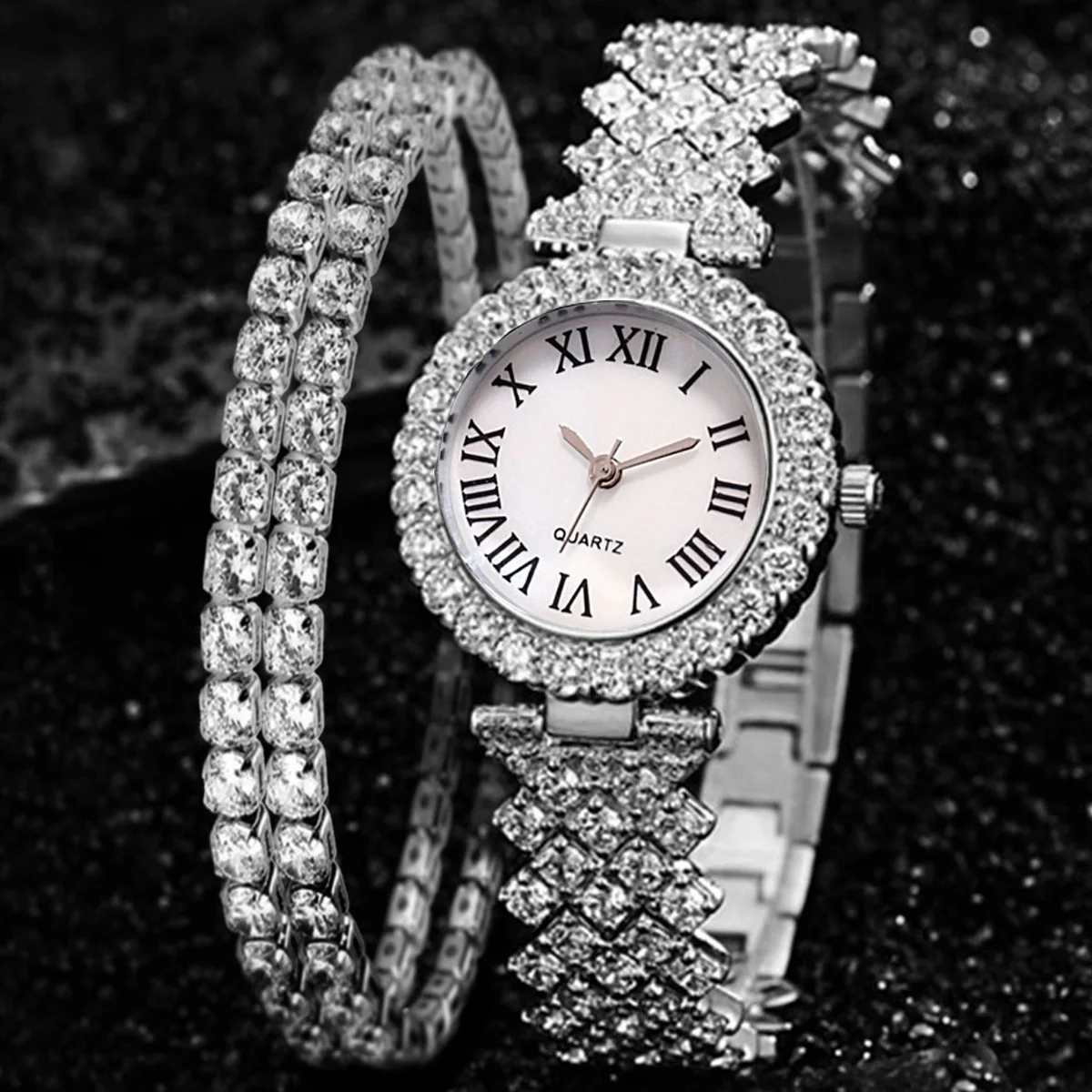 Fashion Bling Full Rhinestone Diamond Luxury Iced Out Women's Quartz Diamond Bracelet Watch With Bracelet Set, 4colors
Fashion Bling Full Rhinestone Diamond Luxury Iced Out Women's Quartz Diamond Bracelet Watch With Bracelet Set, 4colors