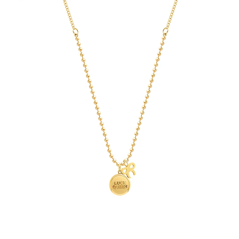 Lucky queen bowknot small gold bean pendant Hoodie necklace titanium steel jewelry for women
Lucky queen bowknot small gold bean pendant Hoodie necklace titanium steel jewelry for women