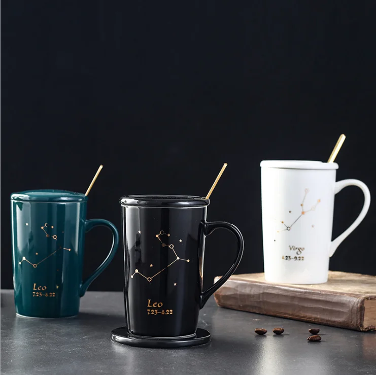 

Constellations porcelain Coffee Milk Tea Mugs Lovers 12 styles Ceramic Constellation star water Mug with lid handle spoon, Customized promotional mug