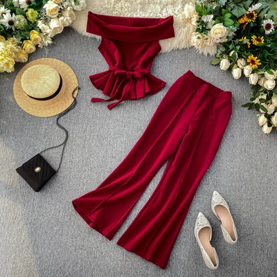 European INS Fashion Ladies Outfits Sexy Off Shoulder Blouse And Pants Two Piece Set Women Clothing
European INS Fashion Ladies Outfits Sexy Off Shoulder Blouse And Pants Two Piece Set Women Clothing