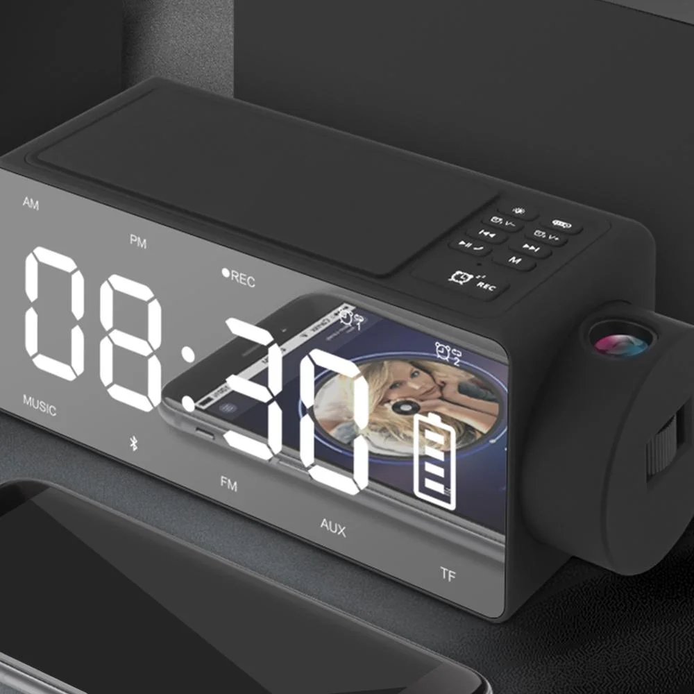 S91S Projection Alarm Clock Bluetooth Speaker with Wireless Charging FM Radio AUX TF Card Input - ANKUX.COM
