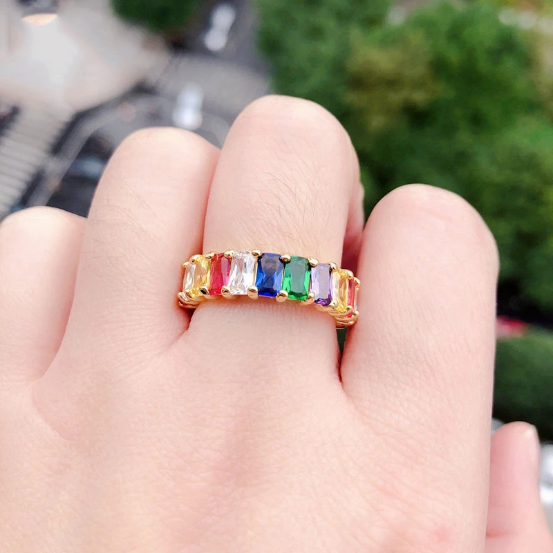 copper material high quality bridal wedding engagement zircon ring rainbow square rainbow ring jewelry