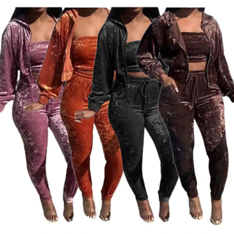 Fashion Fall And Winter Women Tracksuits Clothing Solid Velvet 3 Pieces Lounge Wear Sets Tube Top Hooded Jacket and Pants Set, 3color
Fashion Fall And Winter Women Tracksuits Clothing Solid Velvet 3 Pieces Lounge Wear Sets Tube Top Hooded Jacket and Pants Set, 3color