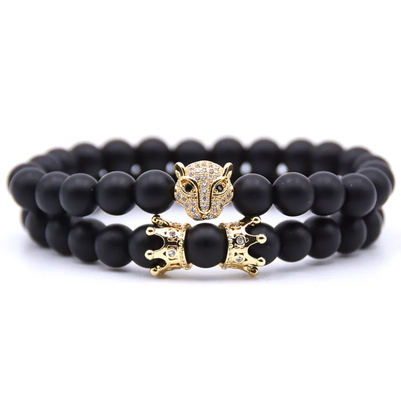 European Wholesale Hand Jewelry 2Pcs/Set Elastic 8mm Natural Matte Black Beads Micro Pave CZ Crown Leopard Head Bracelet Set
European Wholesale Hand Jewelry 2Pcs/Set Elastic 8mm Natural Matte Black Beads Micro Pave CZ Crown Leopard Head Bracelet Set