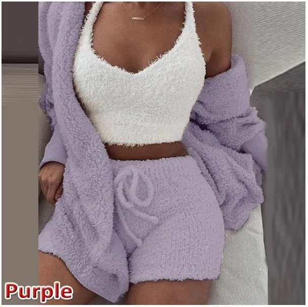 Pijamas Woman OEM/ODM Fashion Women Winter Autumn Sleepwear 3 Pieces Long Sleeve Plush Hooded Vest Robe Shorts Pajama Sets, 31 colors 
Pijamas Woman OEM/ODM Fashion Women Winter Autumn Sleepwear 3 Pieces Long Sleeve Plush Hooded Vest Robe Shorts Pajama Sets, 31 colors